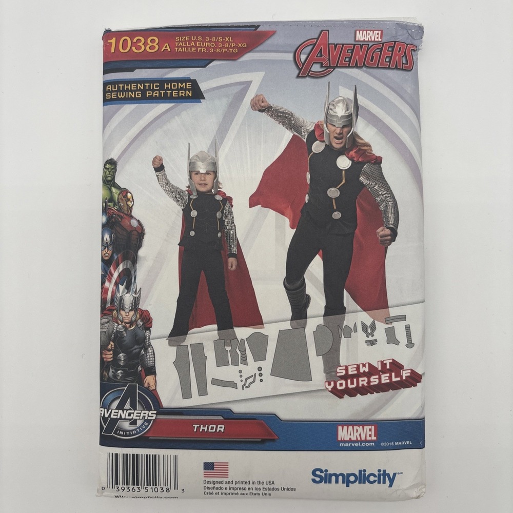Simplicity Avengers Thor Men & Boys Pattern 1038A  Size 3-8 & S-XL Uncut Costume